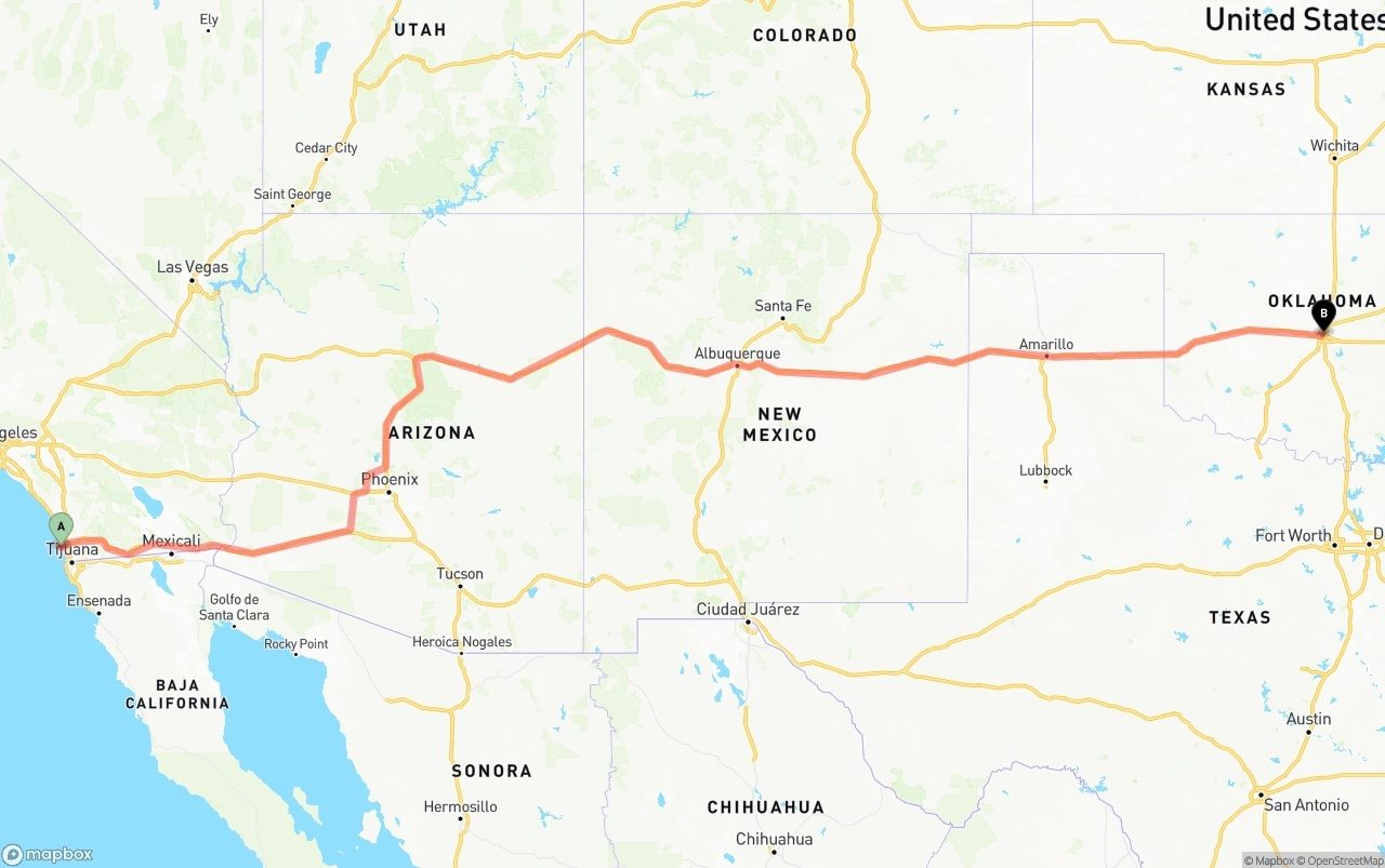 Shipping route from San Diego International Airport to Oklahoma City