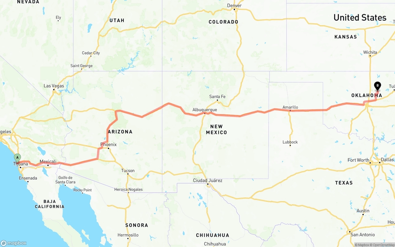 Shipping route from San Diego International Airport to Oklahoma