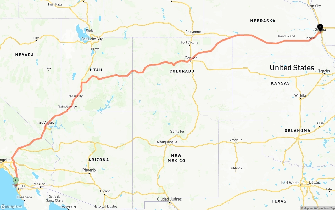 Shipping route from San Diego International Airport to Omaha
