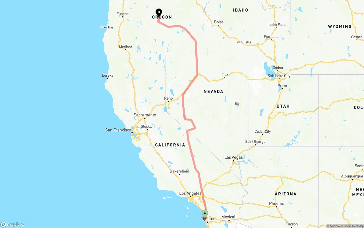 Shipping route from San Diego International Airport to Oregon