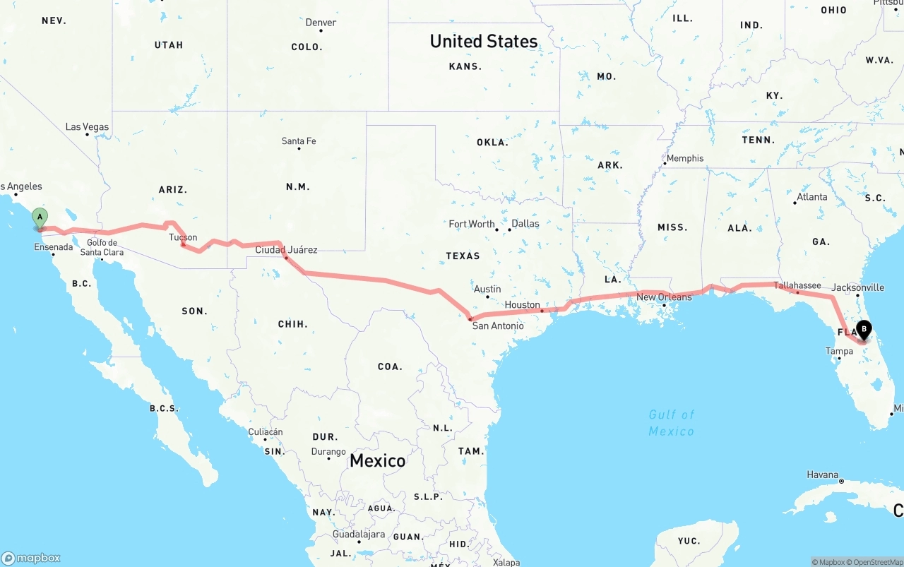 Shipping route from San Diego International Airport to Orlando