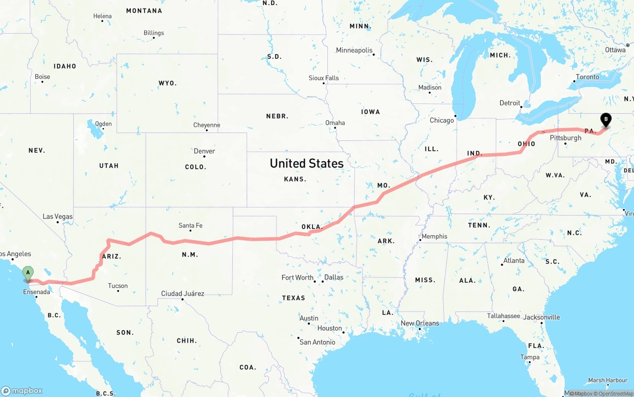 Shipping route from San Diego International Airport to Pennsylvania