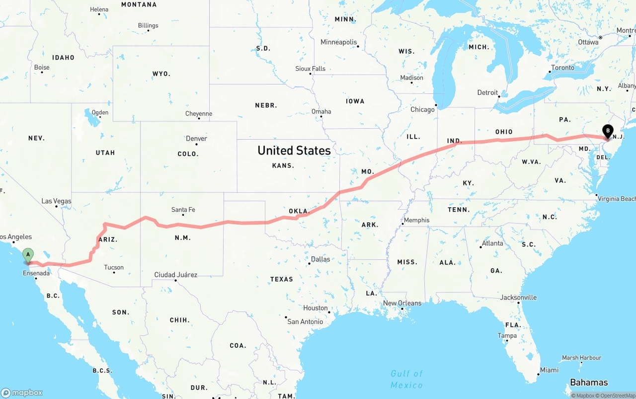 Shipping route from San Diego International Airport to Philadelphia