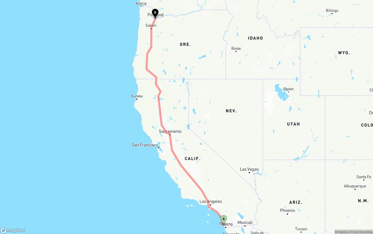 Shipping route from San Diego International Airport to Portland