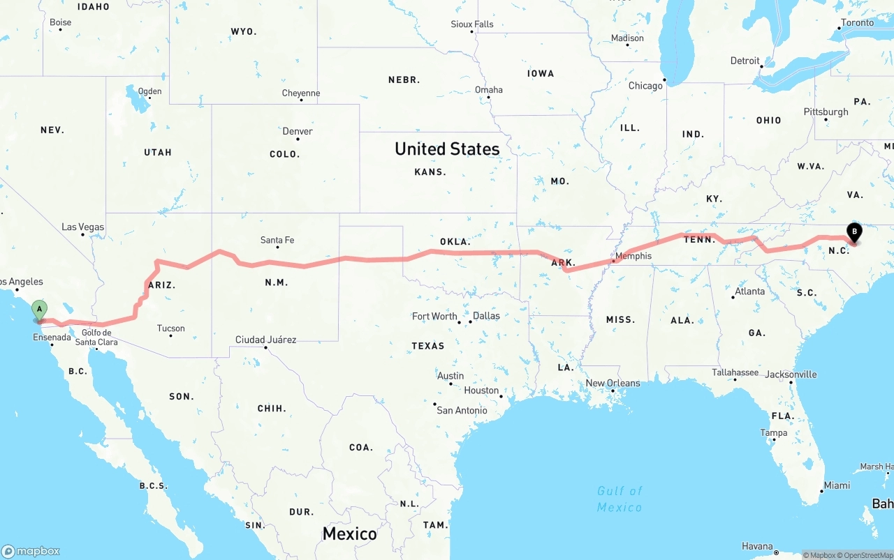 Shipping route from San Diego International Airport to Raleigh