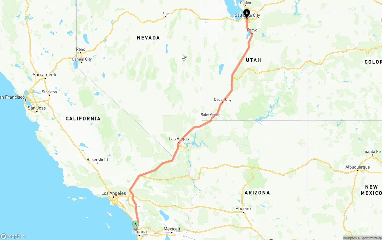 Shipping route from San Diego International Airport to Salt Lake City