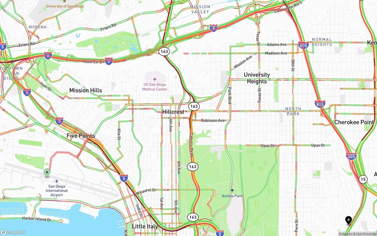 Shipping route from San Diego International Airport to San Diego
