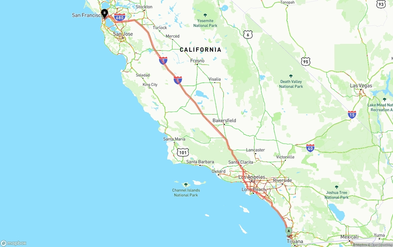 Shipping route from San Diego International Airport to San Francisco