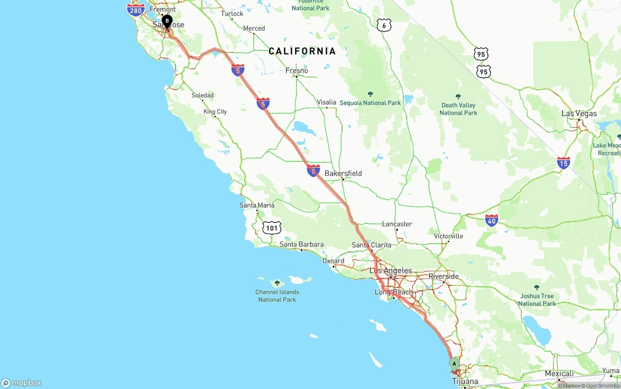 Shipping route from San Diego International Airport to San Jose