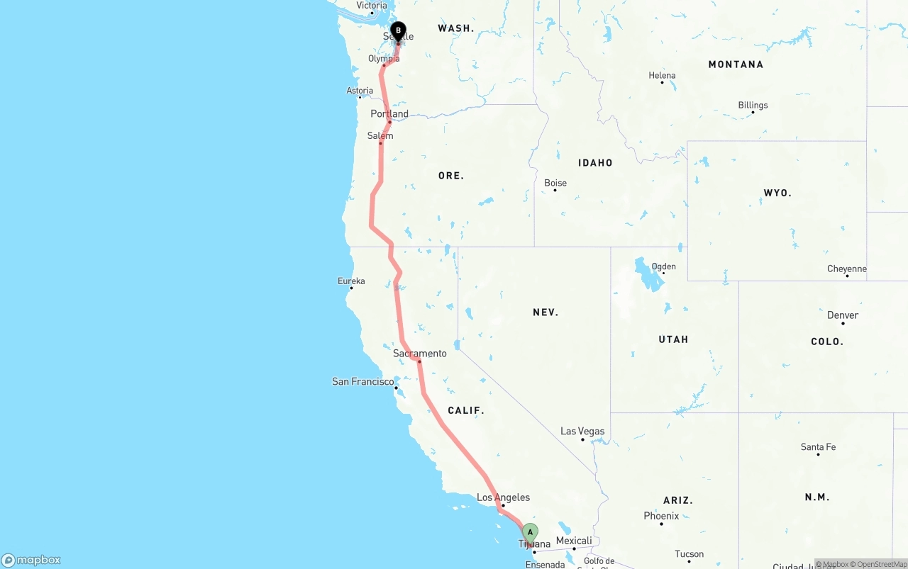 Shipping route from San Diego International Airport to Seattle