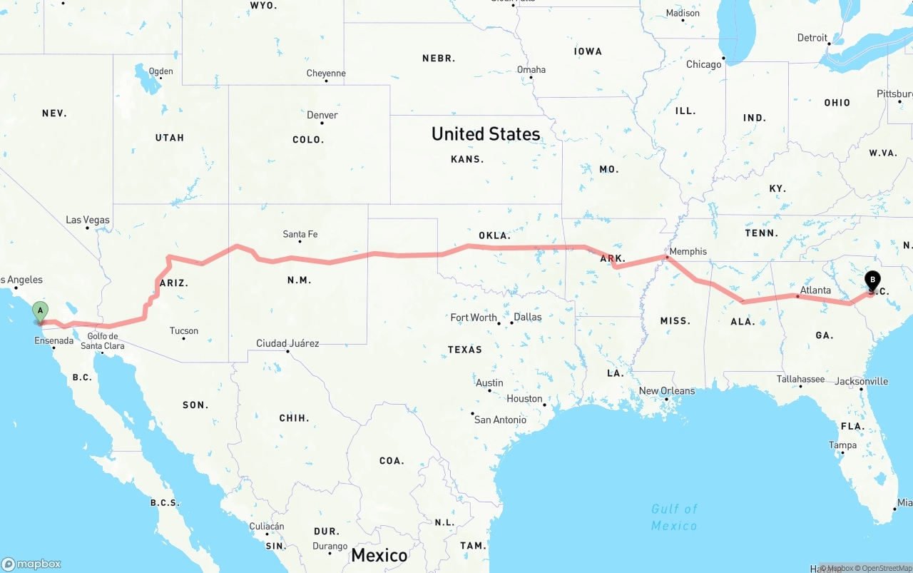 Shipping route from San Diego International Airport to South Carolina