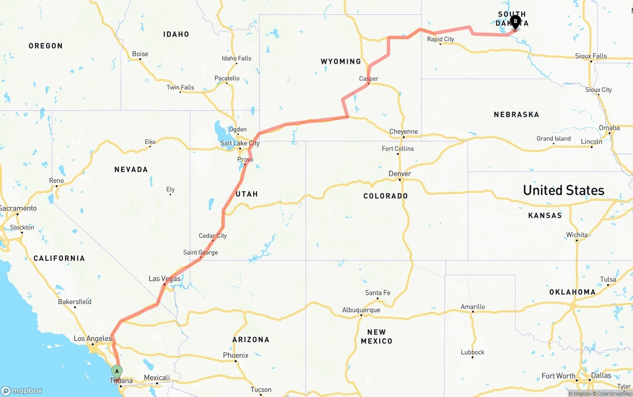 Shipping route from San Diego International Airport to South Dakota