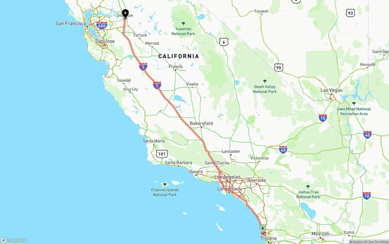 Shipping route from San Diego International Airport to Stockton