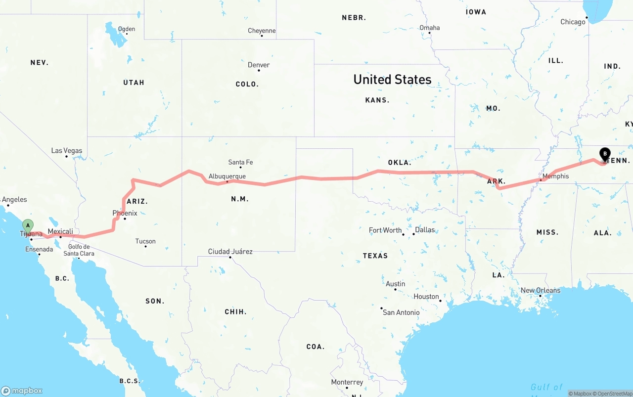 Shipping route from San Diego International Airport to Tennessee