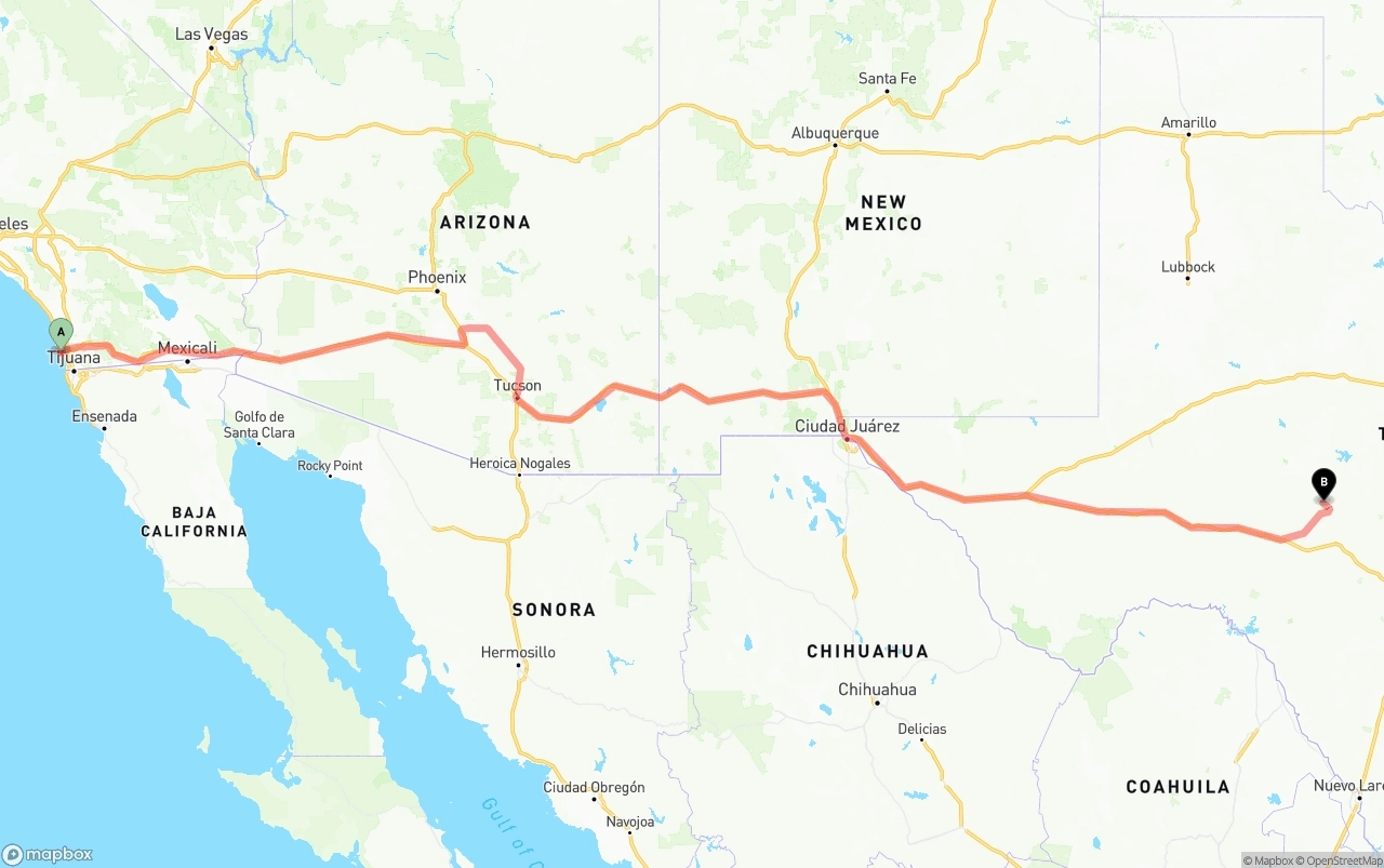 Shipping route from San Diego International Airport to Texas