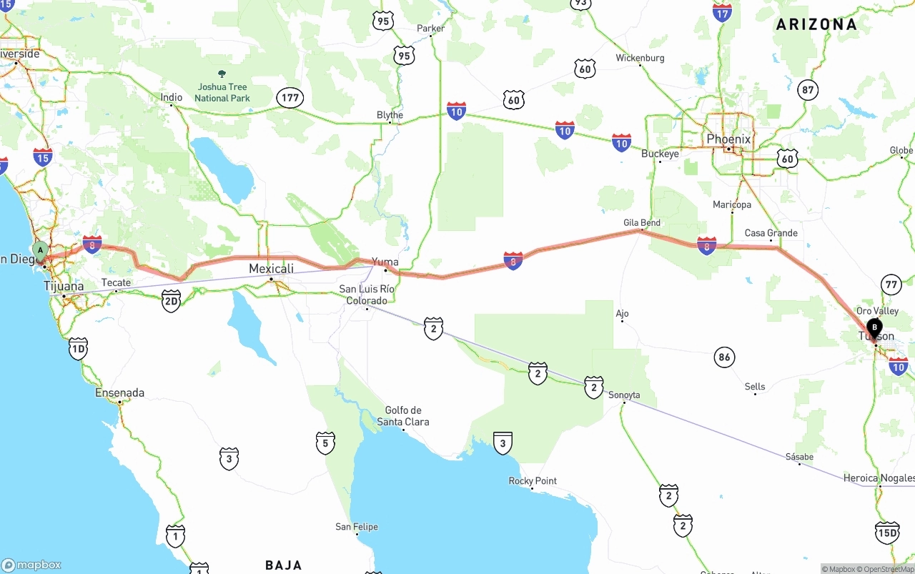 Shipping route from San Diego International Airport to Tucson