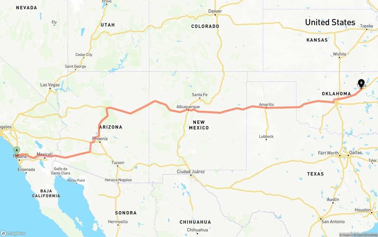 Shipping route from San Diego International Airport to Tulsa