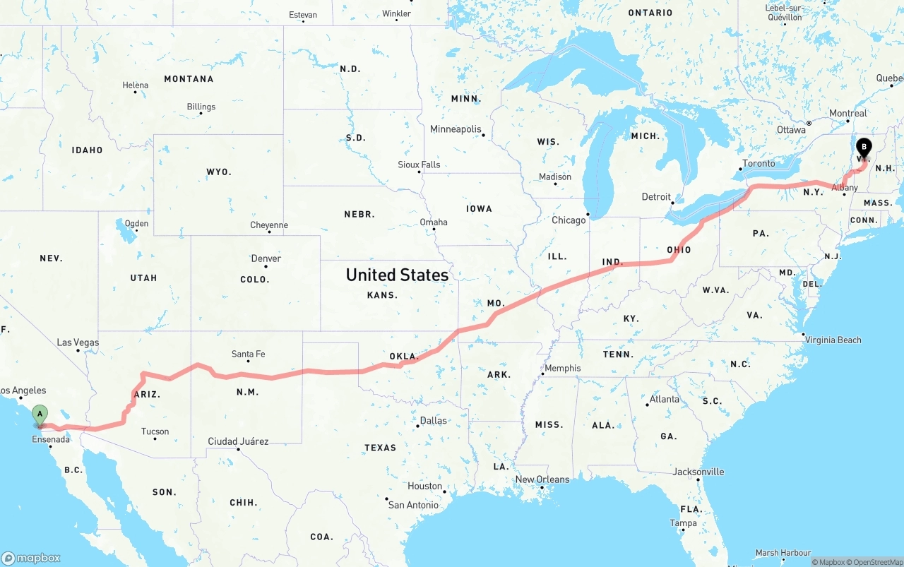 Shipping route from San Diego International Airport to Vermont