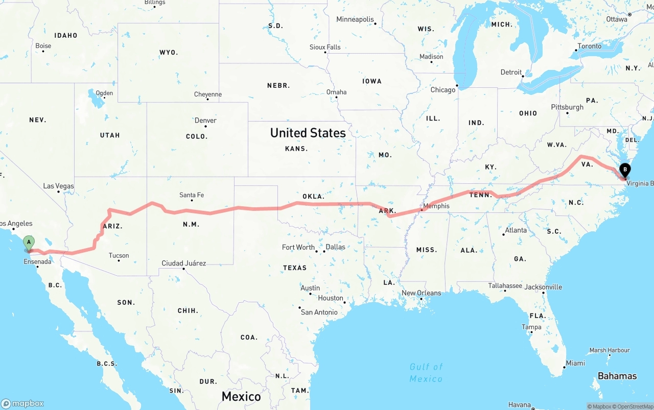 Shipping route from San Diego International Airport to Virginia Beach