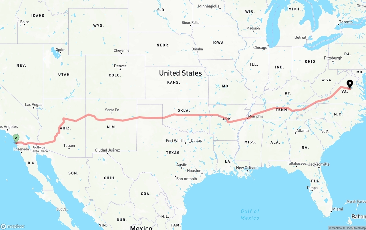 Shipping route from San Diego International Airport to Virginia