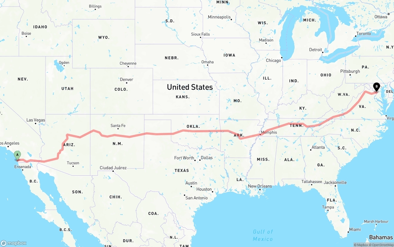 Shipping route from San Diego International Airport to Washington D.C.