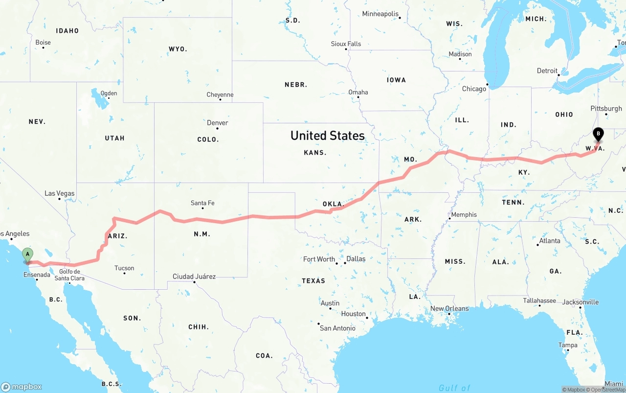 Shipping route from San Diego International Airport to West Virginia