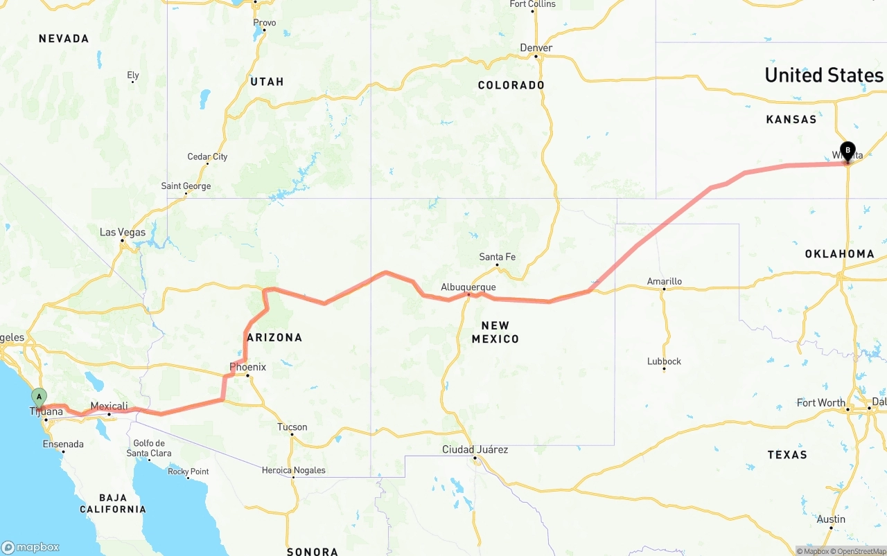Shipping route from San Diego International Airport to Wichita