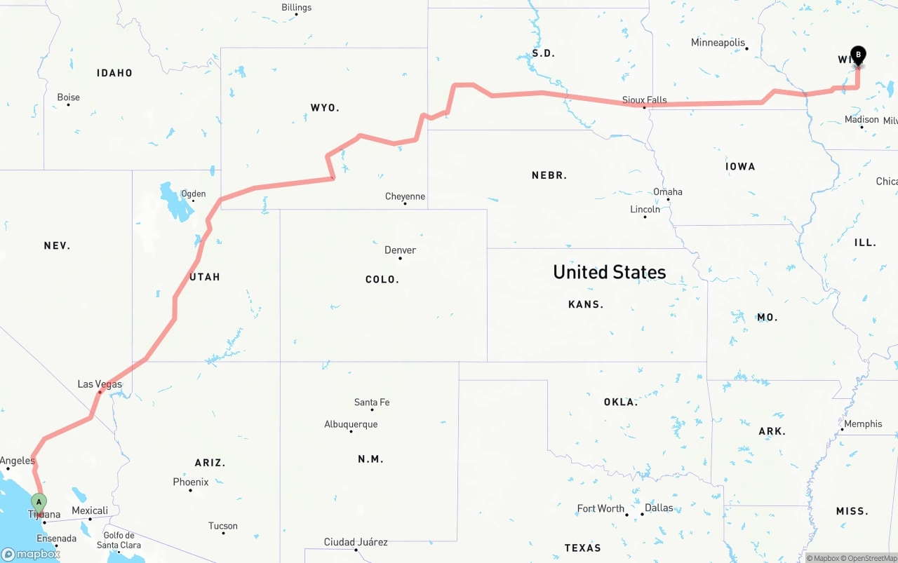 Shipping route from San Diego International Airport to Wisconsin