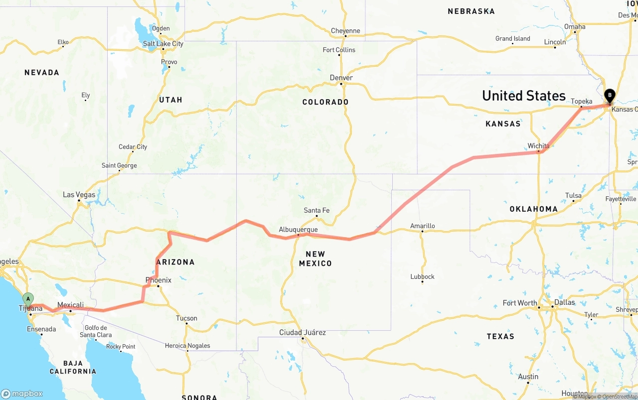 Shipping route from San Diego to Kansas City