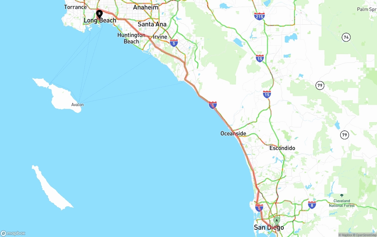 Shipping route from San Diego to Long Beach