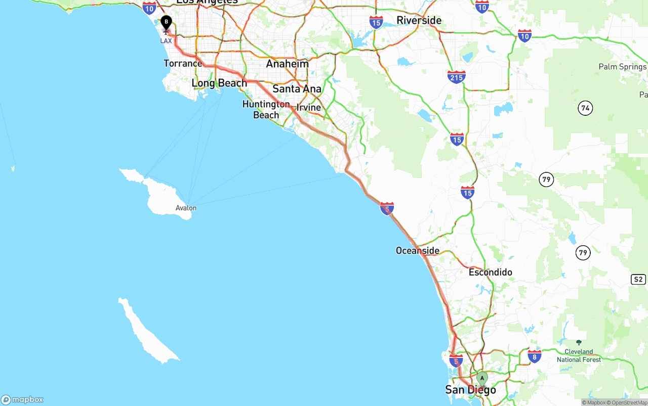 Shipping route from San Diego to Los Angeles International Airport