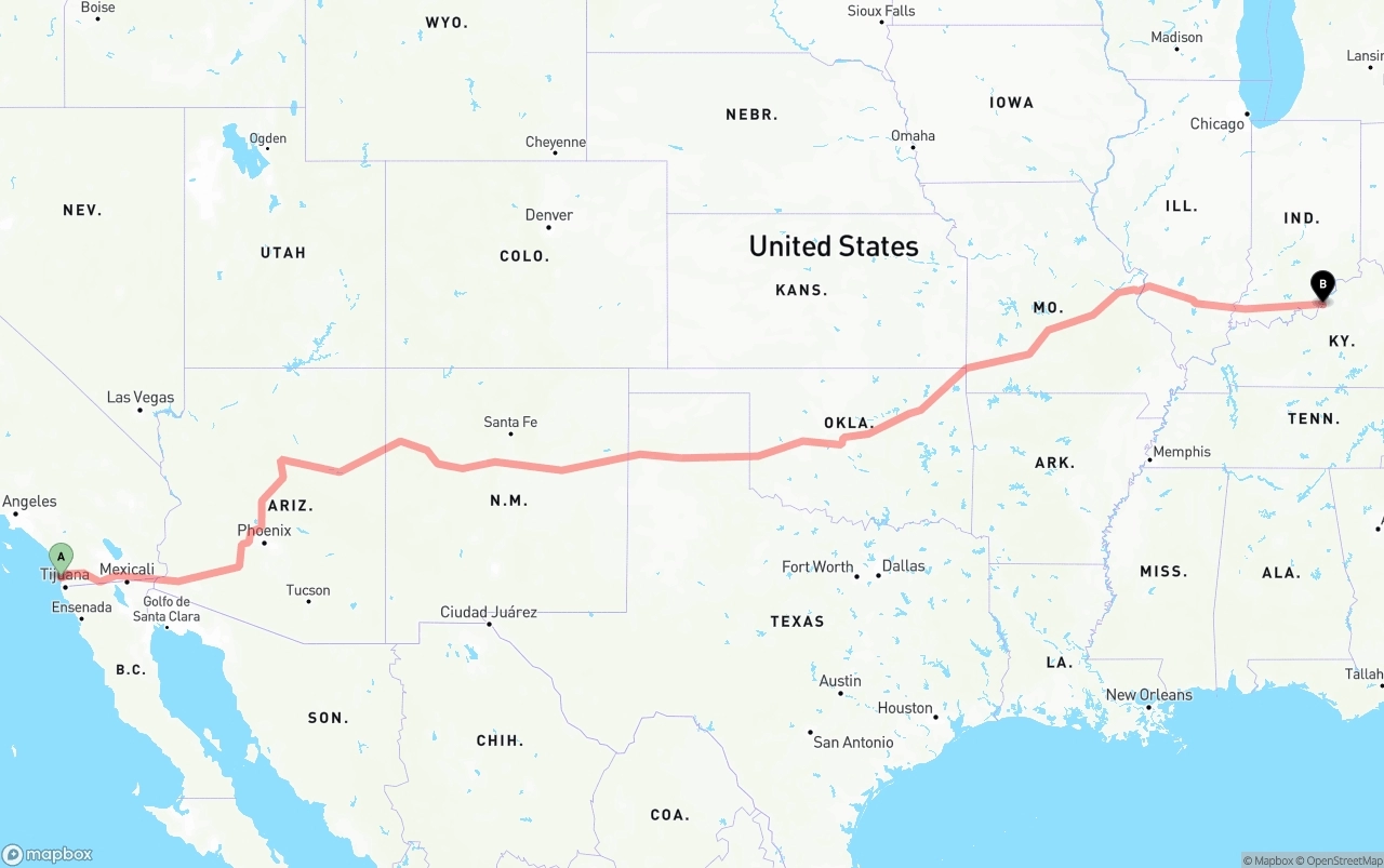 Shipping route from San Diego to Louisville