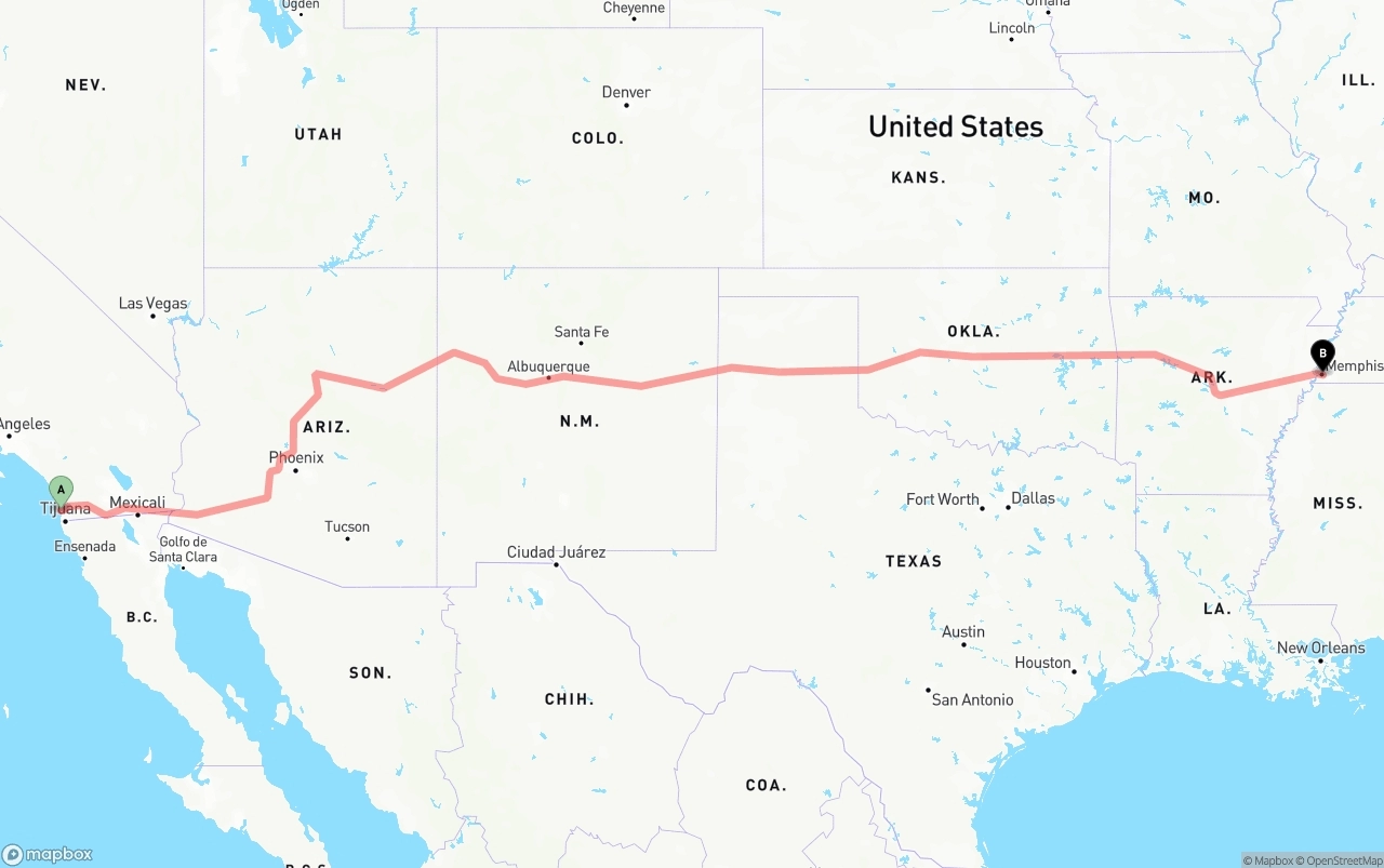 Shipping route from San Diego to Memphis