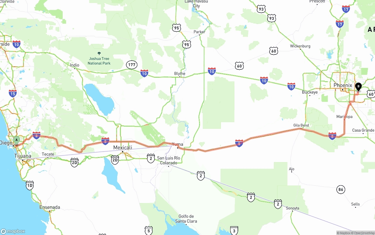 Shipping route from San Diego to Mesa