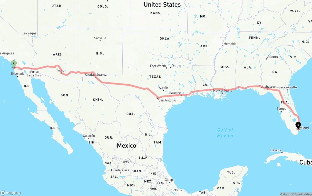 Shipping route from San Diego to Miami International Airport
