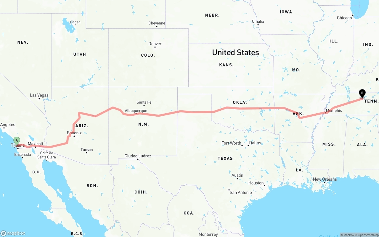 Shipping route from San Diego to Nashville