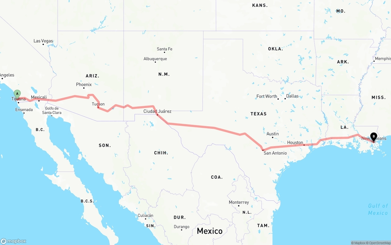 Shipping route from San Diego to New Orleans