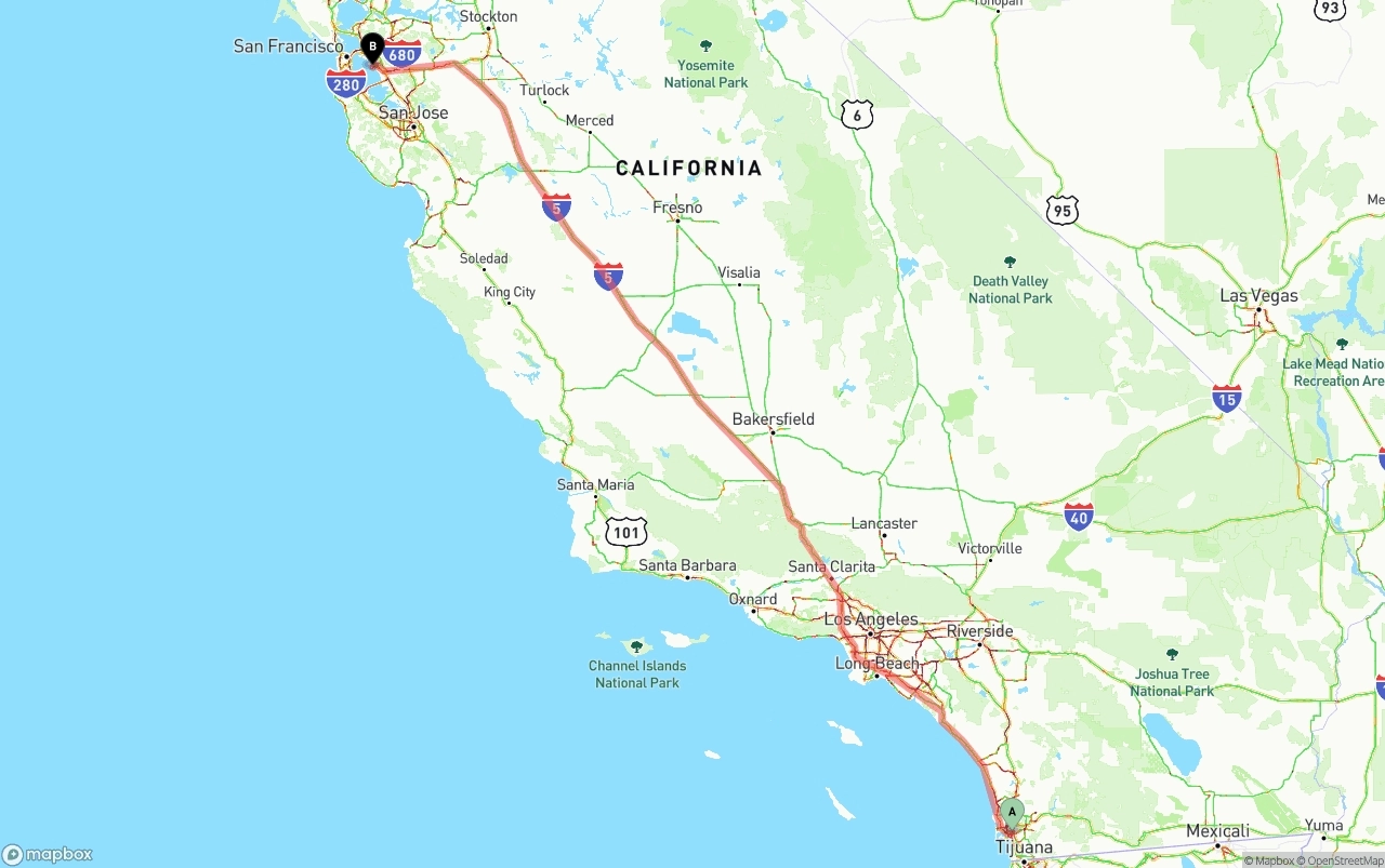 Shipping route from San Diego to Oakland International Airport