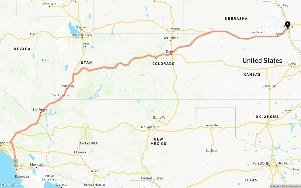 Shipping route from San Diego to Omaha