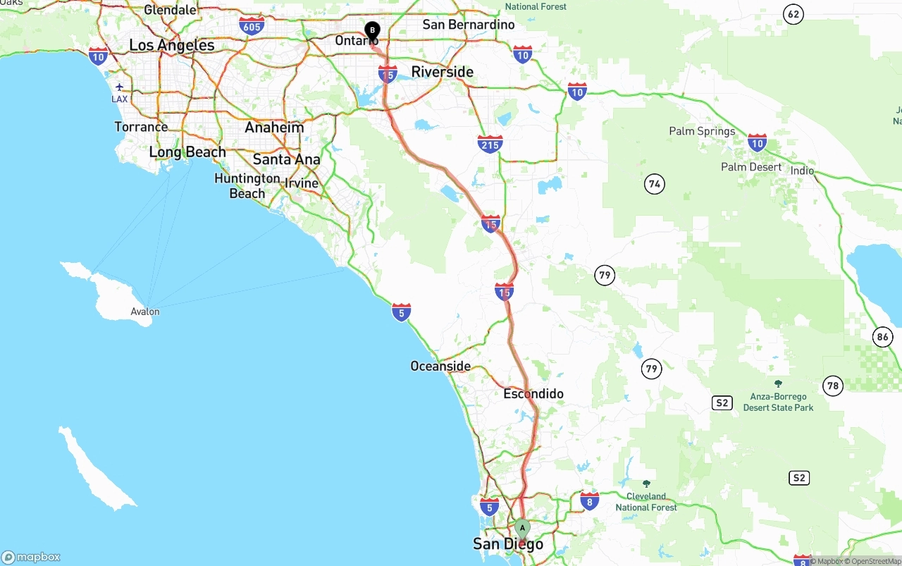 Shipping route from San Diego to Ontario International Airport