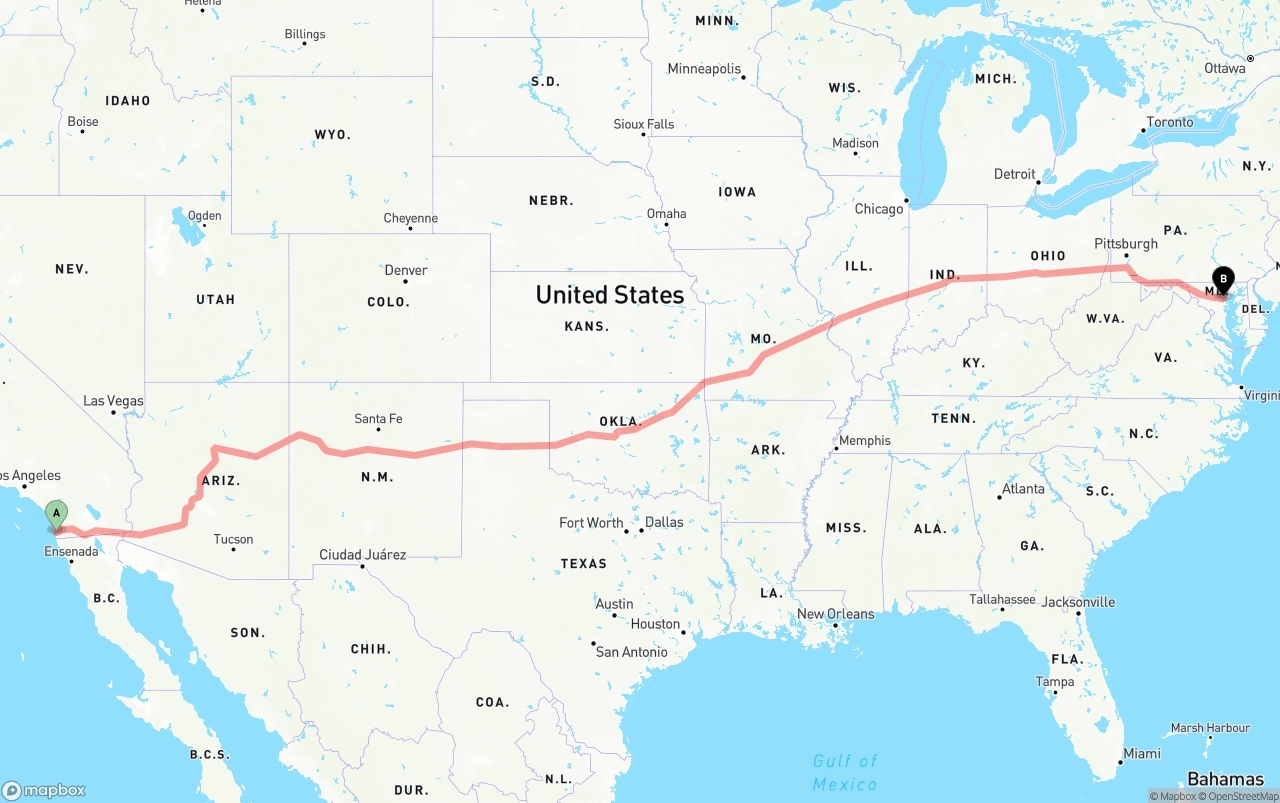 Shipping route from San Diego to Port of Baltimore