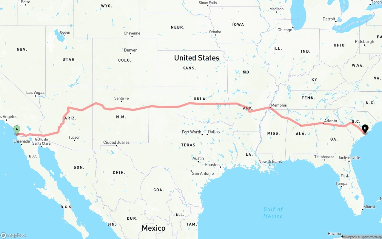 Shipping route from San Diego to Port of Charleston