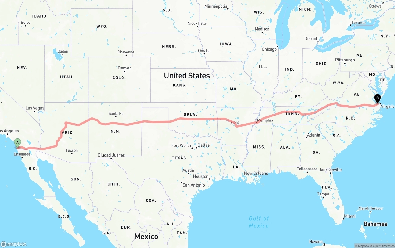 Shipping route from San Diego to Port of Norfolk
