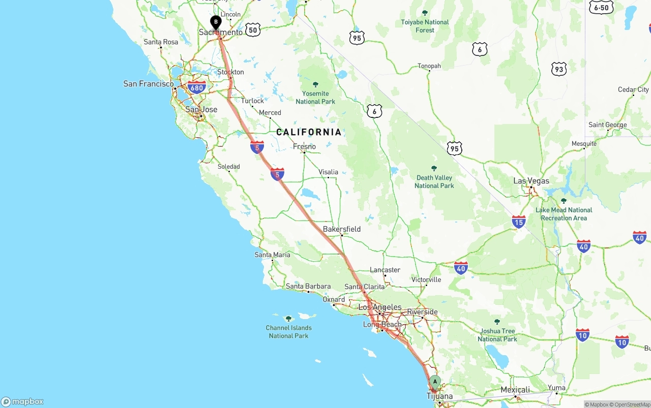 Shipping route from San Diego to Sacramento International Airport