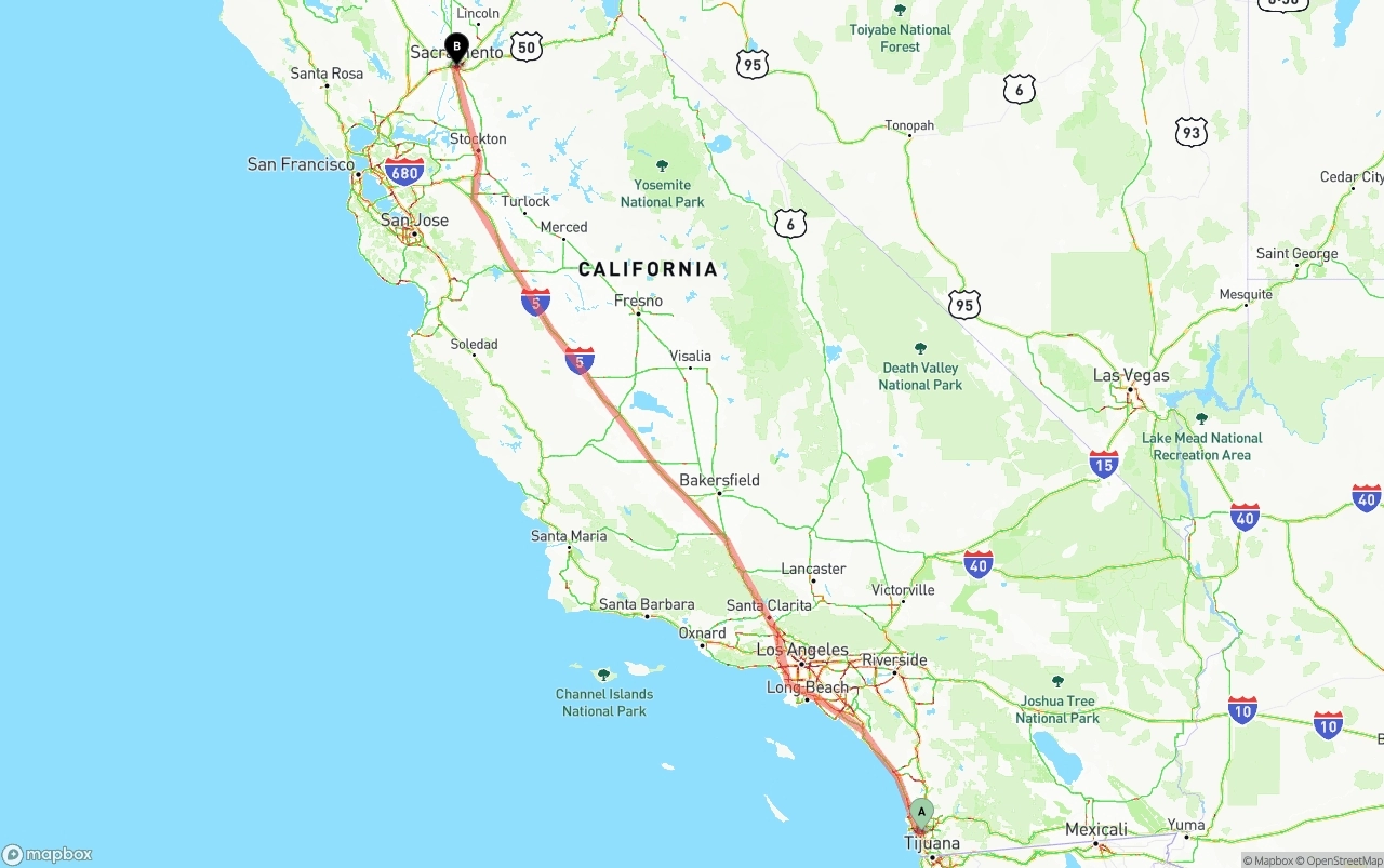 Shipping route from San Diego to Sacramento