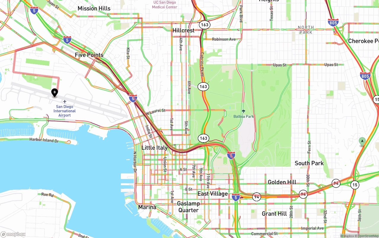 Shipping route from San Diego to San Diego International Airport