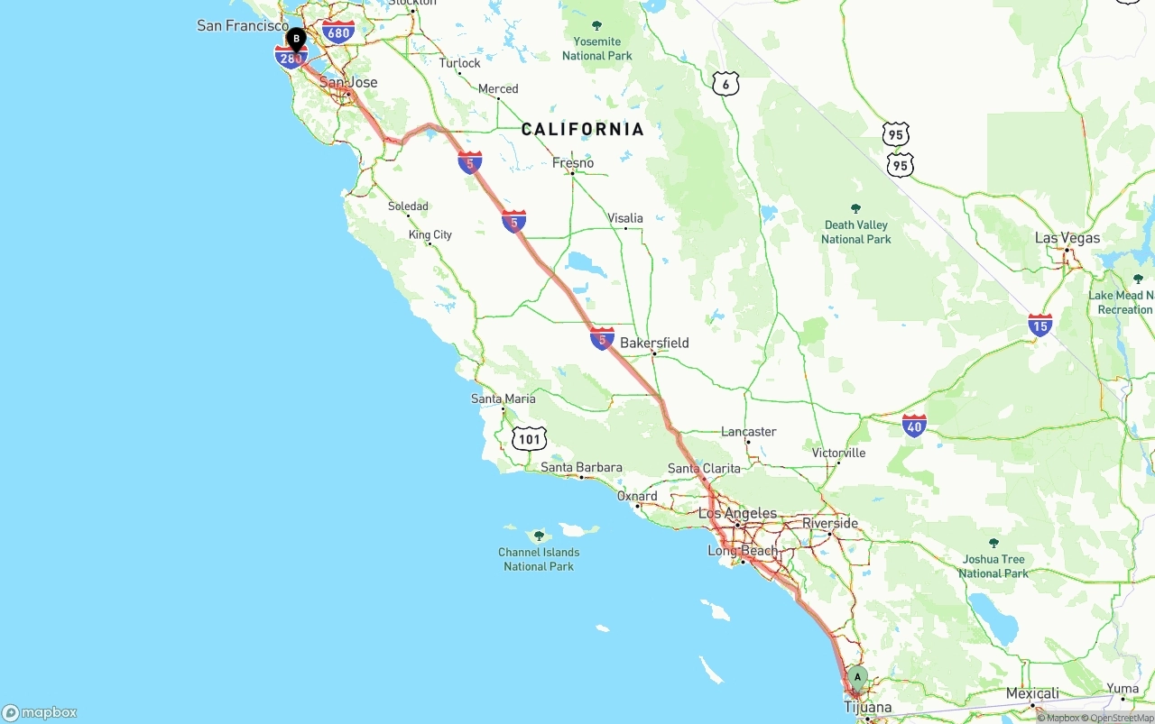 Shipping route from San Diego to San Francisco International Airport