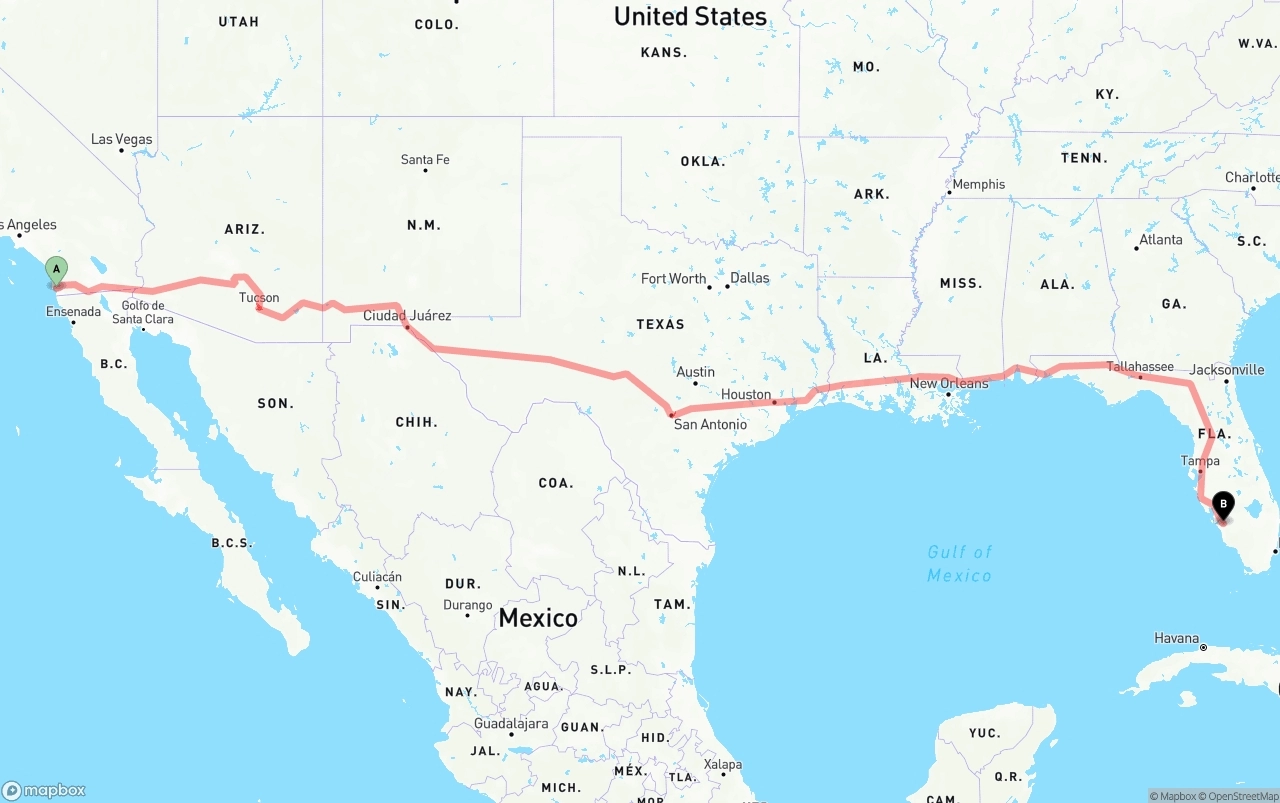 Shipping route from San Diego to Southwest Florida International Airport