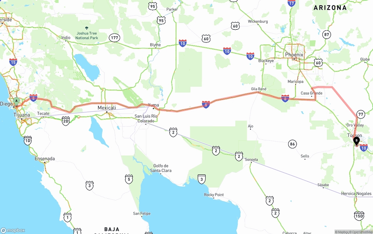 Shipping route from San Diego to Tucson International Airport