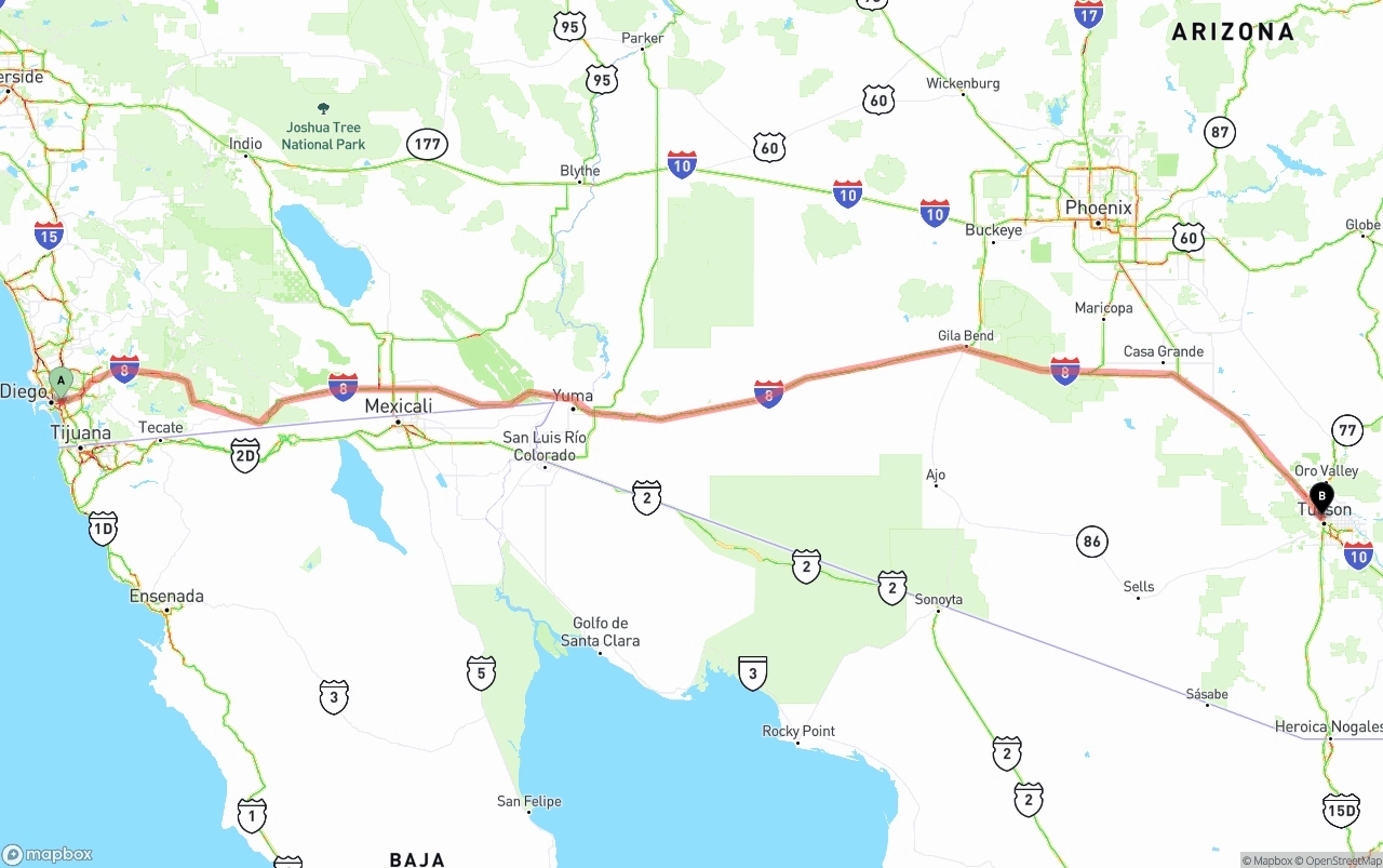 Shipping route from San Diego to Tucson